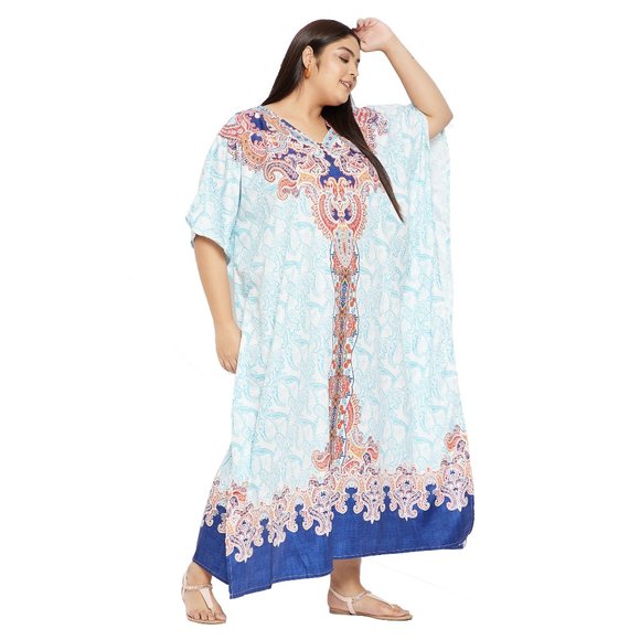 Women Plus Size Beach Cover Up Floral Print Turquoise Kaftan Dress by Gypsie Blu - Picture 5 of 9